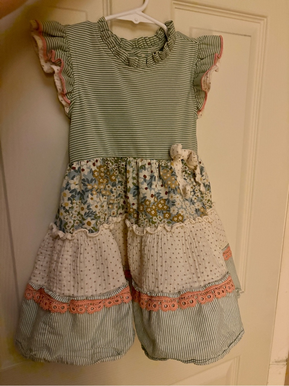 Green Striped & Floral Tiered Girls' Dress with Lace Trim